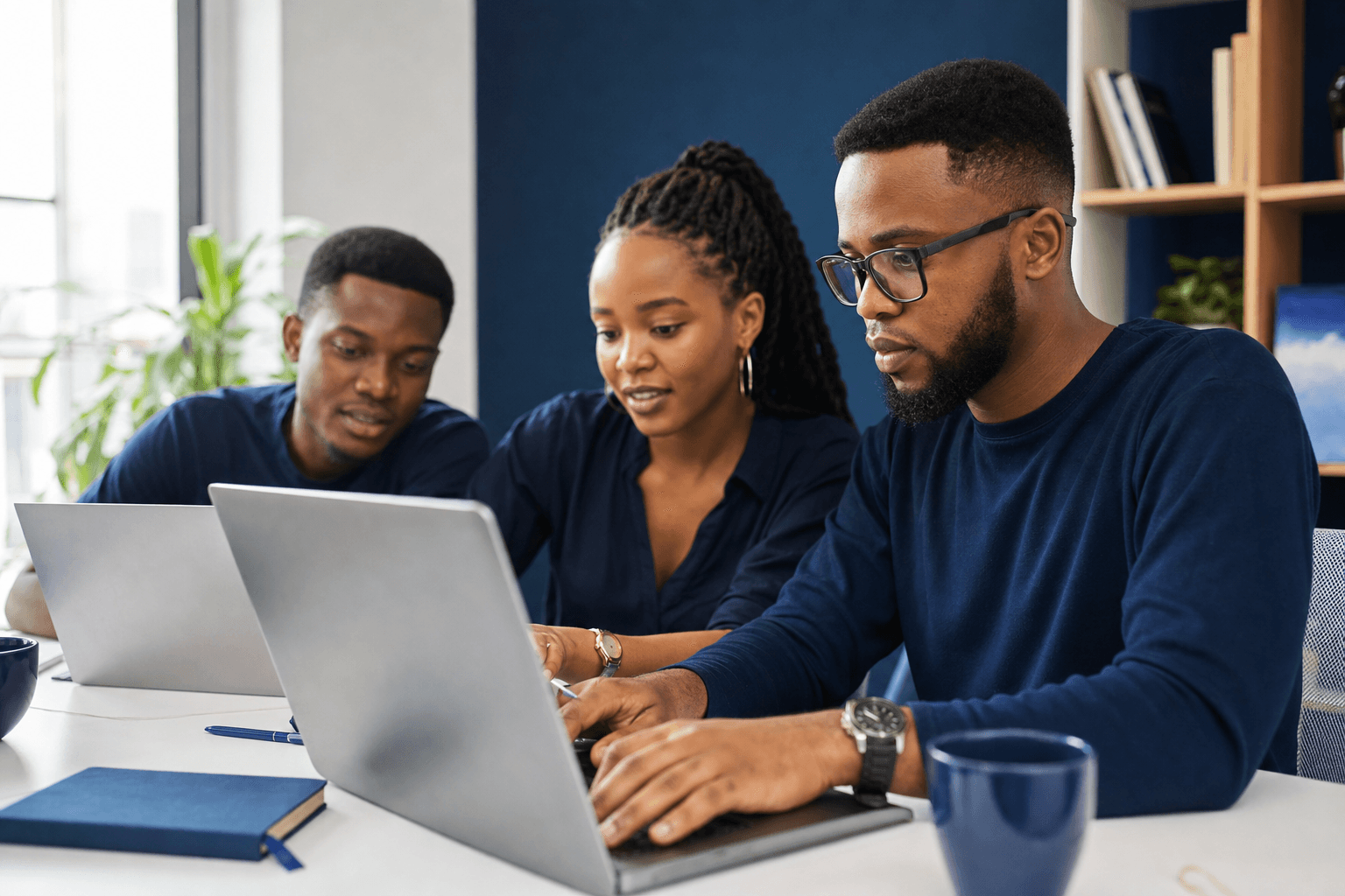 African tech learners collaborating with laptops at Fountain Trainers Academy
